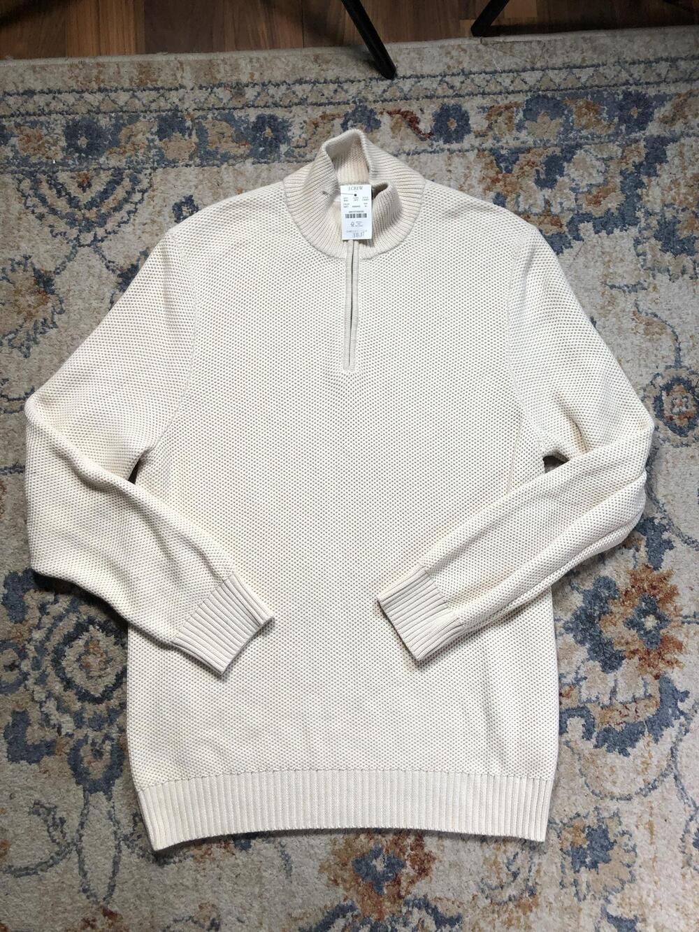 J.Crew Sweater Mens XL White Cotton Quarter Zip Mock Neck Waffle Knit Pullover